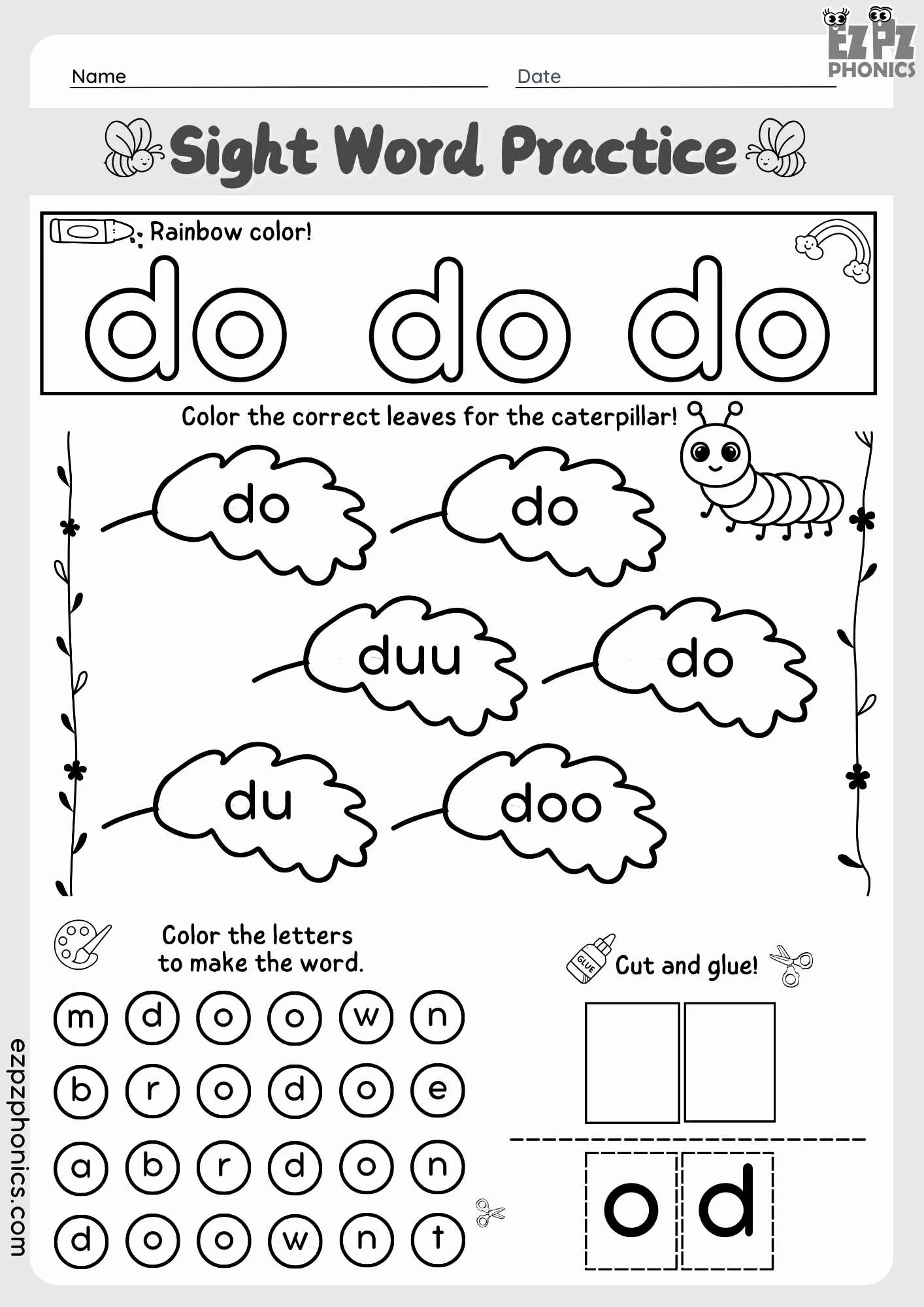 "Do" Kindergarten Sight Word Coloring and Cut and Paste Activities